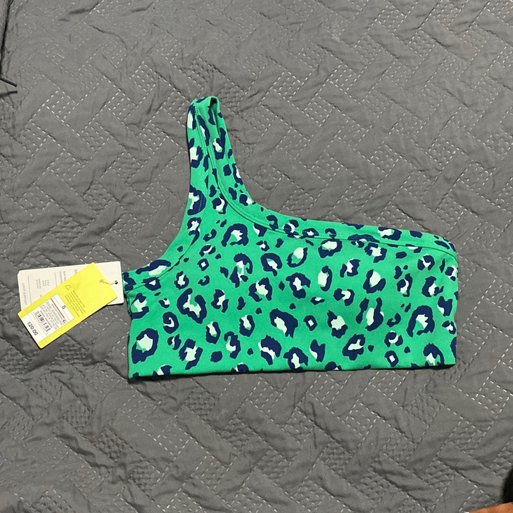 All in motion women’s small green leopard one shoulder sports bra workout top